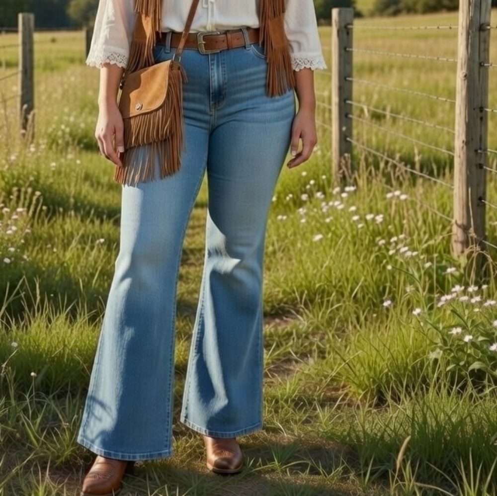 NWT High Waisted Flare Leg Bootcut Stretch Mid Wash Blue Denim Pull On Jeans 3XL